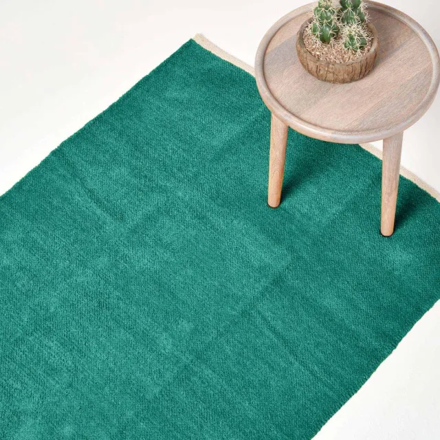 Homescapes Teal chenille vloerkleed met natuurlijke rand van 100% katoen, 60 x 100 cm Turkoois