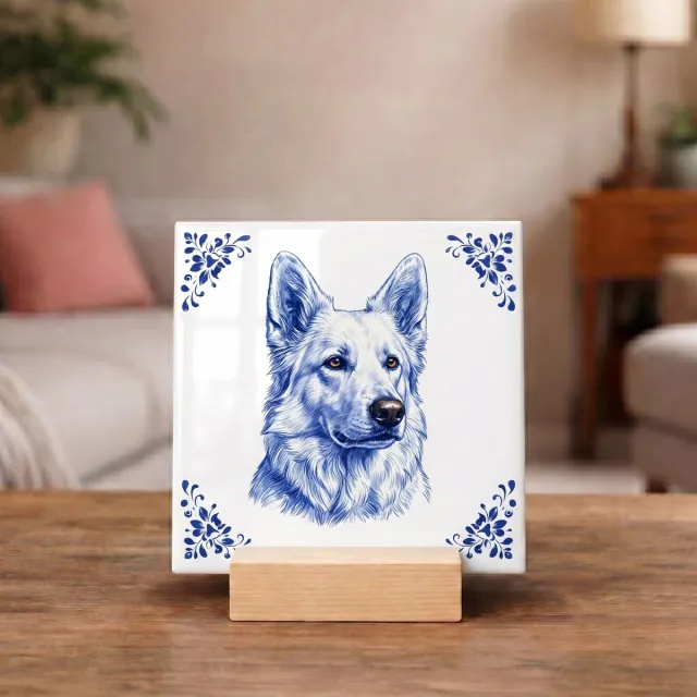 Bedruk King Delftsblauw Tegeltje 11x11 Witte Herder – Cadeau voor Hondenliefhebber of Baasje