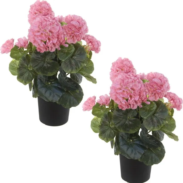 Louis Maes Roze geranium kunstplant in zwarte kunststof pot 35 cm - Set van 2x stuks - Pelargonium Graveolens - Woondecoratie Groen