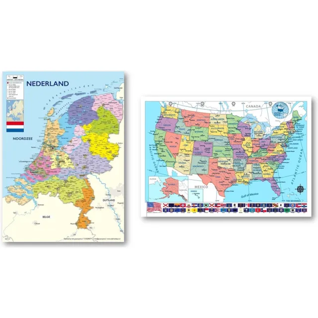 Wereldkaart Posterpoint Nederland kaart poster en Amerika kaart poster - Set van twee posters - Set van twee schoolkaarten - 70 x 100 cm Multicolor