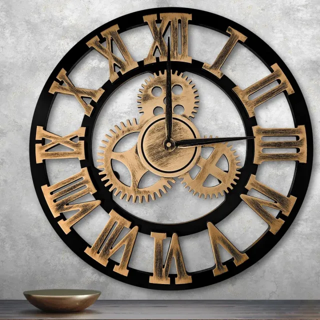 Famanu Grote wandklok zonder tikkende geluiden, 58 cm, stille klok met 3D gear en Romeinse cijfers, vintage design Zwart