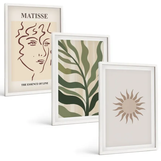 Coloray 3-Delige Schilderij Set - Abstracte Plantpatronen En Lijnen In Gedempte Kleuren. - 40 x 60 - Wanddecoratie - Schilderijen Set - Interieur - Moderne Wanddecoratie Witte lijst