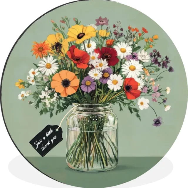 WallCircle Wandcirkel - Muurcirkel - Bloemen - Vaas - Kaartje - Aluminium - Dibond - 140x140 cm - Binnen en Buiten Boeket - Kaartje