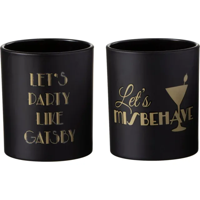 J-Line theelichthouder Gatsby - glas - zwart/goud - 2 stuks Zwart - Goud