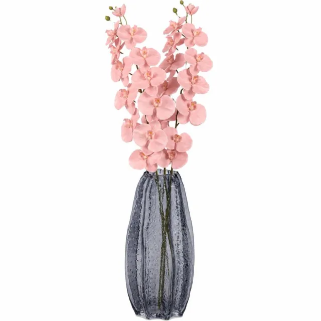 Mega Collections Bloemenvaas Callas - bewerkt sier glas - D12 x H30 cm - transparant smoke grijs - boeket en stelen - Moderne stijl