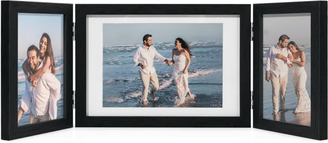 JGS Premium - Fotolijst voor 6x4 en 7x5 foto's - Zwart - Triple Multi Fotolijsten - Meerdere gevouwen scharnieren - 3 Fotolijsten - Bruiloft Verjaardag Moederdag - Geschenken voor Familie Vriend Moeder Oma Paar Any