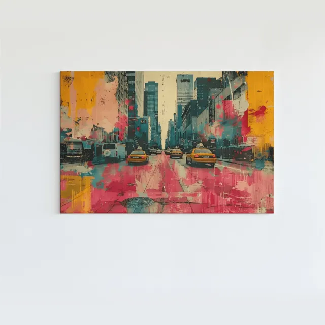 Trendex Global Canvas Schilderij - New York - Taxi - Moderne Schilderij - 90x60x2 cm Kleurrijk