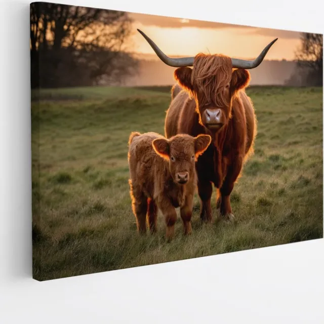 Saammp Canvas Schilderij - Schotse Hooglander Koe tussen de roze bloesem - Dieren - Natuur - 45x30 - Foto op canvas - Wanddecoratie - muurdecoratie Woonkamer - Slaapkamer decoratie - Canvas Print Multicolor