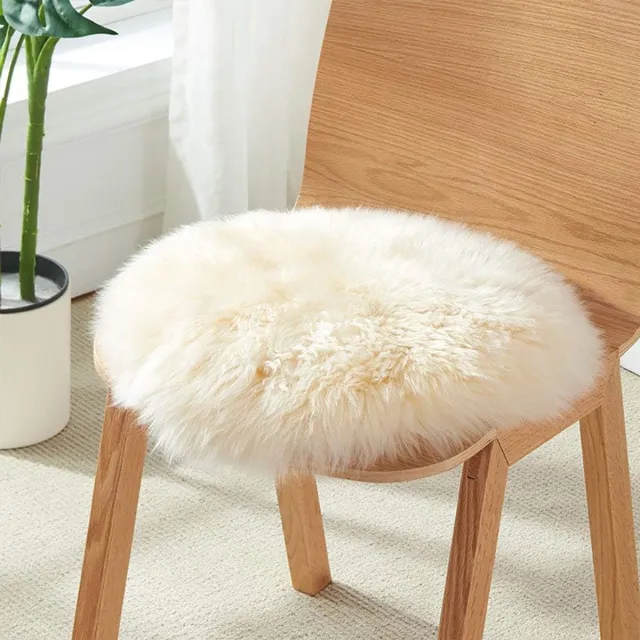 SNQ Ronde Natuurlijke Schapenvacht Zitting - Pluche Zuiver Wol Stoelkussen Luxe Anti-slip Schaap Leer Kussen Kantoor Auto Zitting Pad Rijden Comfort 40cm Wit