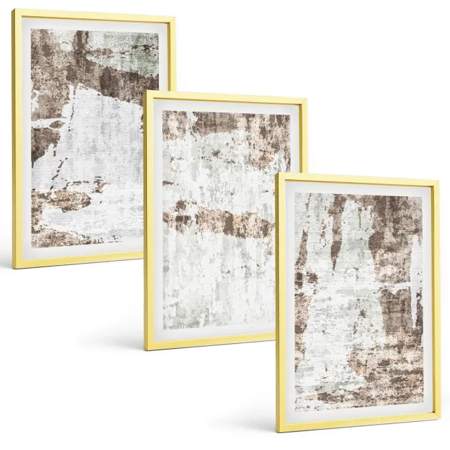 TULUP 4-Delige Schilderij Set - Abstracte patronen in tinten wit en bruin. - 40 x 60 cm - Muurdecoratie - Wanddecoratie - Hal - Woonkamer Decoratie Gouden lijst