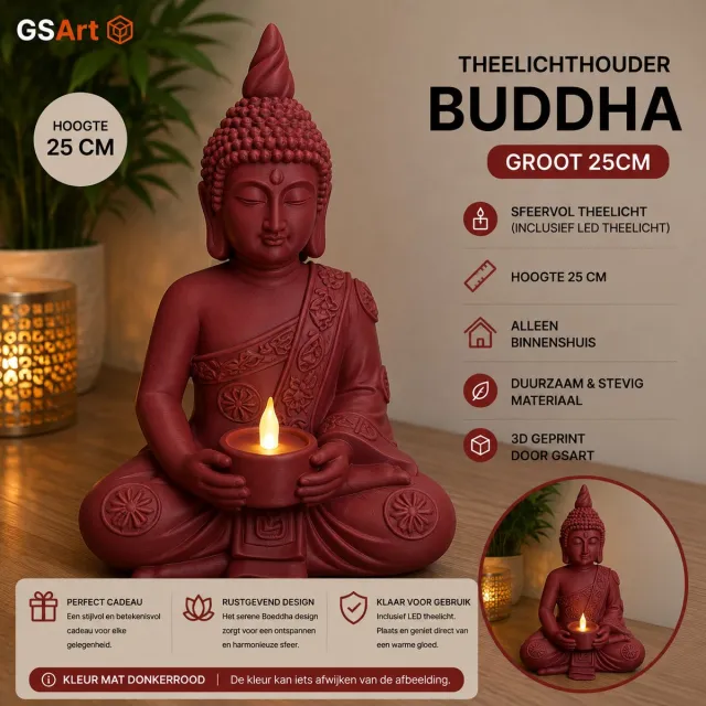 GSArt Theelichthouder Buddha Groot 25 cm – Boeddha Beeld met LED Theelichtje - Mat Donkerrood