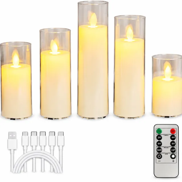 SWGOTA elektronische kaarsen, oplaadbare set van 5 met bewegende vlam en afstandsbediening, diameter 5,5 cm, hoogtes 10/12,5/15/17,5/20 cm Crème
