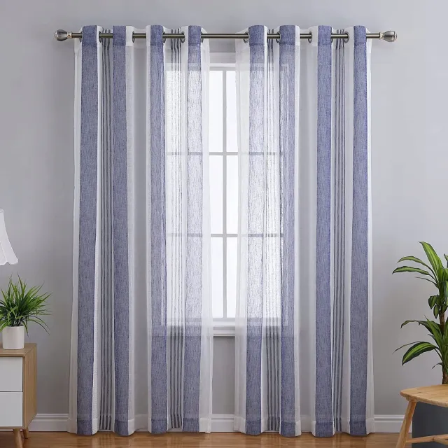 CAROMIO Merkloze Gordijnen met Ringel, Blauw-Wit, 2 stuks, 132x160 cm