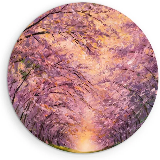 Saammp Muurcirkel Hout - Pad tussen de bomen door - Roze - Landschap - Natuur - Ø 70 - Wandcirkel - Wanddecoratie Cirkel - Muurdecoratie Woonkamer - Slaapkamer decoratie - Rond Schilderij