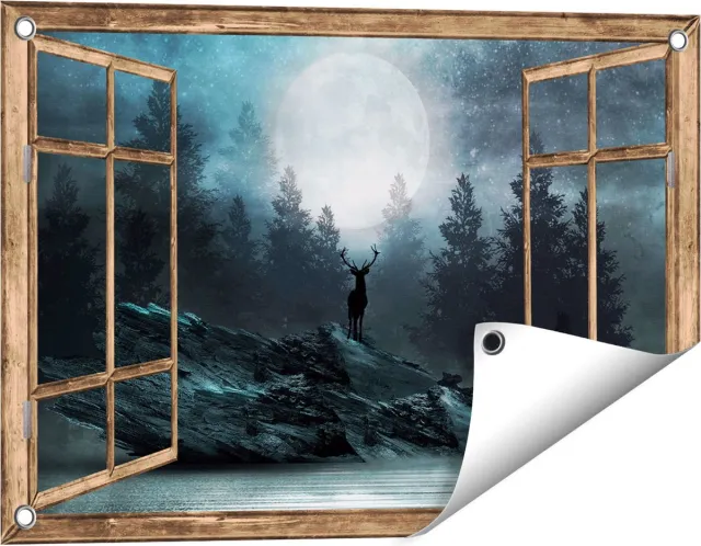 Gards Tuinposter Doorkijk Hert op een Rots tijdens Volle Maan - 60x40 cm - Tuindoek - Tuindecoratie - Wanddecoratie buiten - Tuinschilderij Licht bruin