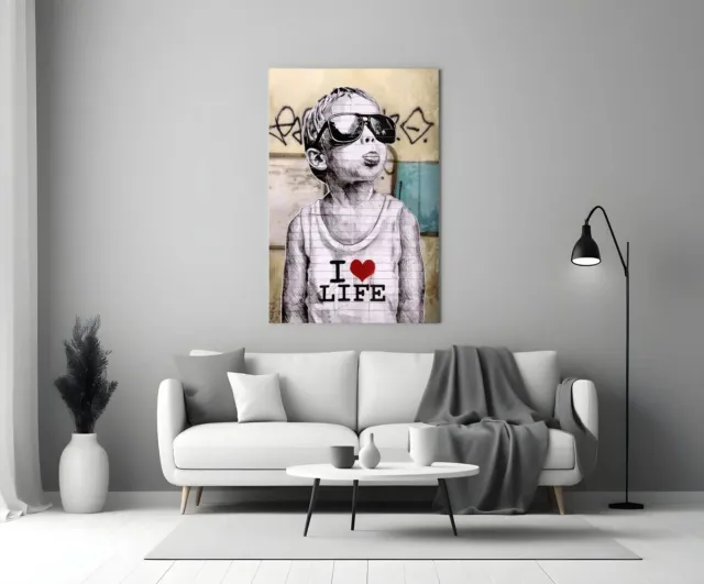 Insigne Art Glasschilderij – I Love Life Street Art – Moderne Urban Wanddecoratie - 72x46 cm Kleurrijk
