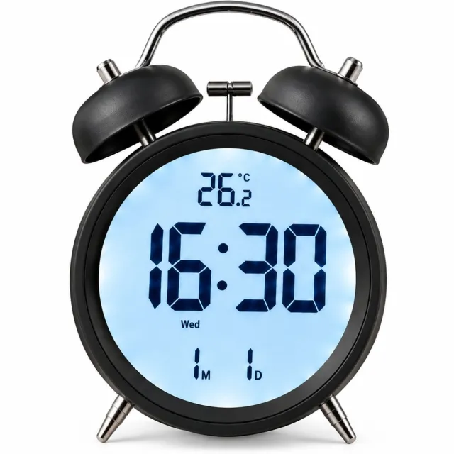SWGOTA Zwarte digitale wekker op batterijen met dubbele bel, tijd, temperatuur- en datumweergave voor het nachtkastje