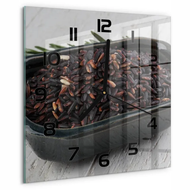 TULUP Wandklok - Wilde rijst in een kom Klok Glas Met Opdruk - 30x30 cm - Bruin Moderne Wandklok Glas - Zwarte handen - Vierkante Klok - Decoratieve Glazen Klok - Glazen Wandklok Design