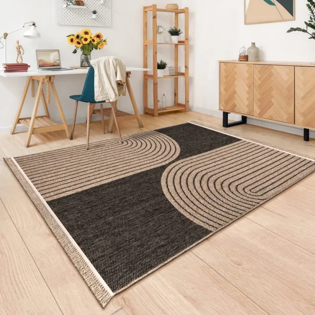 TT Home Binnen- en buitentapijt Woonkamer Weerbestendig Balkon Boho Bladmotief 3D Franjes 160 x 220 cm Rechthoek 160 x 220 cm Rechthoek antraciet