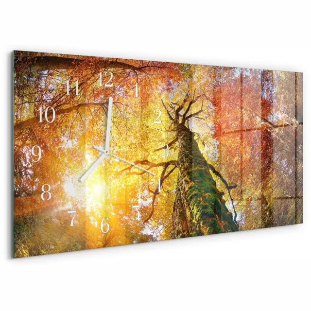 TULUP Wandklok - Herfst Decoratieve Glazen Klok - 60x30 cm - Geel Glazen Wandklok Design - Witte Handen - Rechthoekige Wandklok - Gekleurde Glazen Klok - Glazen Klok Met Print Geel - Herfst