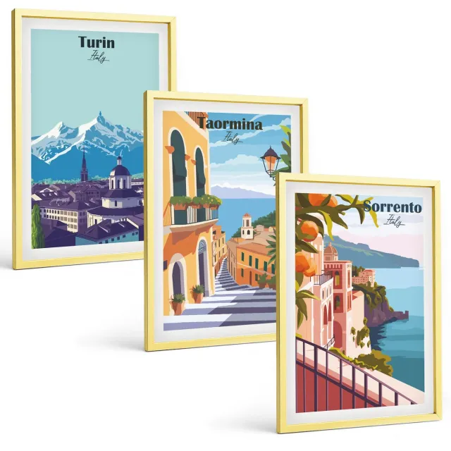 Coloray 3-Delige Schilderij Set - Uitzichten Op Europese Kust- En Havensteden - 40 x 40 cm En 40 x 60 cm - Stijlvolle Muurdecoratie - Kantoor Gouden lijst