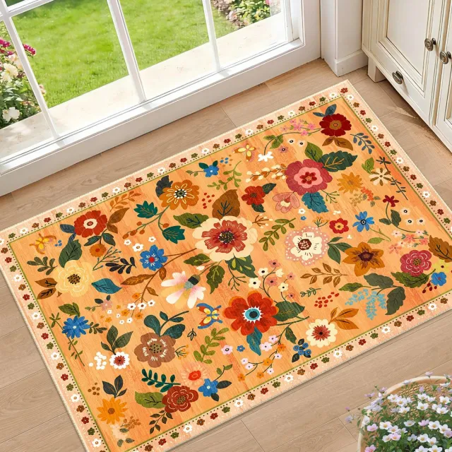 Zyronn Bloemen Vloermat Oranje 60x90cm – Wasbaar Boheems Fluweel Tapijt, Geschikt voor Woonkamer, Slaapkamer en Speelkamer