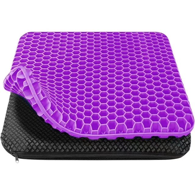 GelldG Zitkussen geschikt voor bureaustoel - Orthopedisch gel zitkussen - Geschikt voor bureaustoelen en autostoelen - Zacht en comfortabel - Inclusief wasbare antisliphoes - Paars - 42 * 36 * 3,5 cm