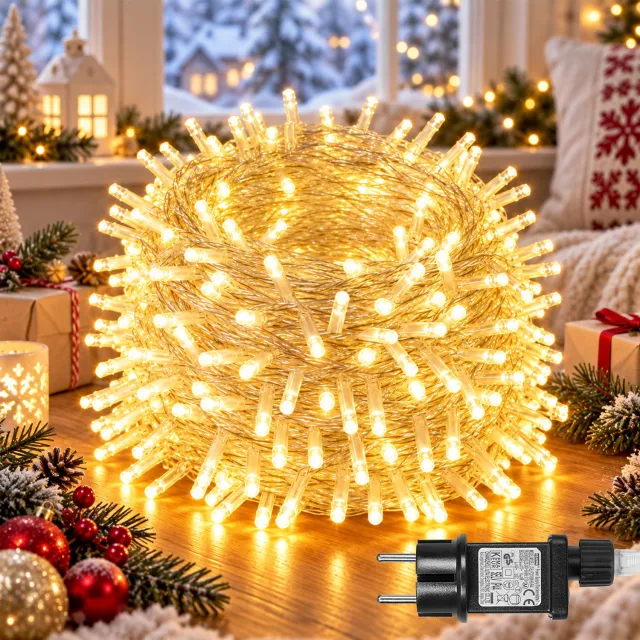 MUPOO Fairy Lights-LED Kerst Lichtsnoer Buiten IP44-Kerstverlichting Lichtslinger met Veilige 31V Laagspanning&Energiezuinig-8 Lichtstanden&Geheugen-Timer 6U/18U-Kerstboomverlichting voor Terras,Advent,Kerst-300 LED-30m-Warm Wit-1 Stuk