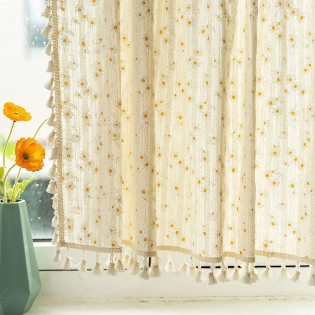 PZCC Gordijn - Kleine raamgordijnen - Boho Gordijn - Keukengordijn - Daisy Bloemengordijn - Katoenen Raamgordijn - Keuken Woonkamer Slaapkamer - 140 x 80 cm - Katoen - Beige