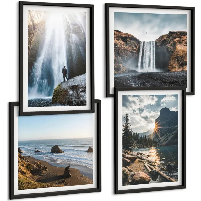 Coloray 4-Delige Schilderij Set - Watervallen In De Bergen Met Prachtige Natuurlijke Landschappen - 40 x 40 cm En 40 x 60 cm - Moderne Wanddecoratie - Woonkamer - Interieur Decoratie Zwarte lijst