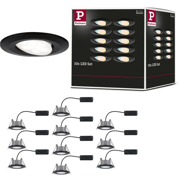 Paulmann LED Inbouwspots Calla Set van 10 - Zwart Mat - IP65 - 5W per Spot - 430 lm - 230V - WhiteSwitch - Inbouwspots Badkamer