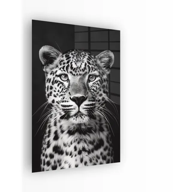 Indoorart Glasschilderij Luipaard Zwart Wit 80x120 CM - Afbeelding op plexiglas - Inclusief montagemateriaal zwart, wit