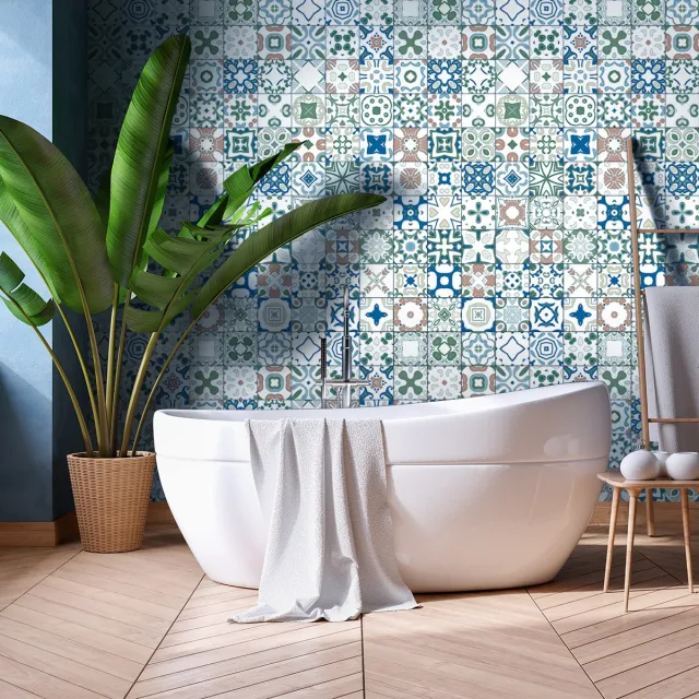 Ambiance Sticker Zelfklevende tegelmuurstickers voor keuken en badkamer - 60 Azulejos Luriano tegelstickers - 60 stickers 10x10cm Multi color