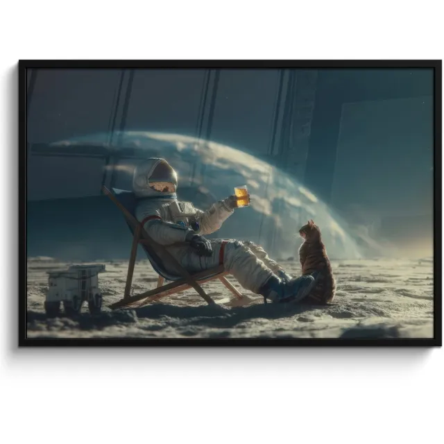 FrameYourWall Poster in lijst - Fotolijst 120x80 cm - Posters - Astronaut - Kat - Glas - Stoel - Posterlijst zwart - Decoratie - Wanddecoratie woonkamer - Muurdecoratie slaapkamer