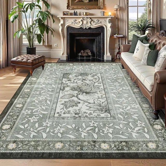 Triumpunpre Washbaar Vloerkleed - Opvouwbaar Printtapijt met bladmotief in landelijke sfeer met Antislip TPR Onderkant - Grijs 200 x 290 cm