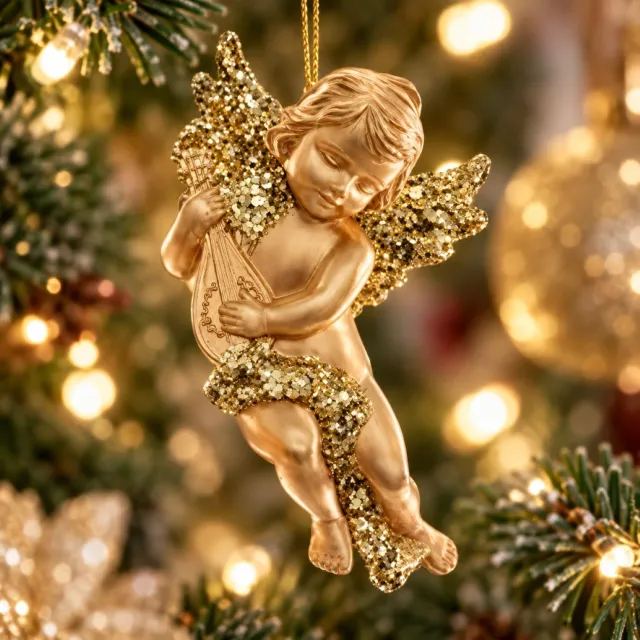 Decoris engel met lute - 4x - goud - kunststof - 10 x 6 cm - kerstversiering - hangdecoratie Goudkleurig