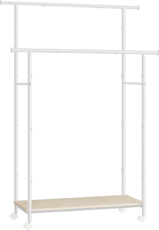 FurnStar Kapstok - Kapstokken -Kledinghangers - Dubbele Kapstok Met Zwenkwielen En Plank - ‎39.6 x 98.5 x 156.8 cm - Wit