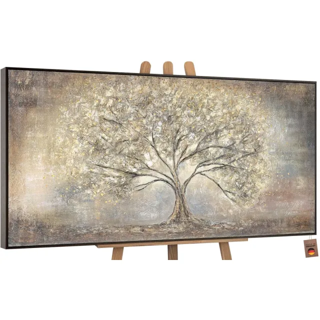 YS Canvas schilderij groot handgeschilderd gouden boom boom natuur luxe – YS-Art Gallery – Luxe wanddecoratie voor woonkamer – Modern schilderij voor slaapkamer en kantoor Grey