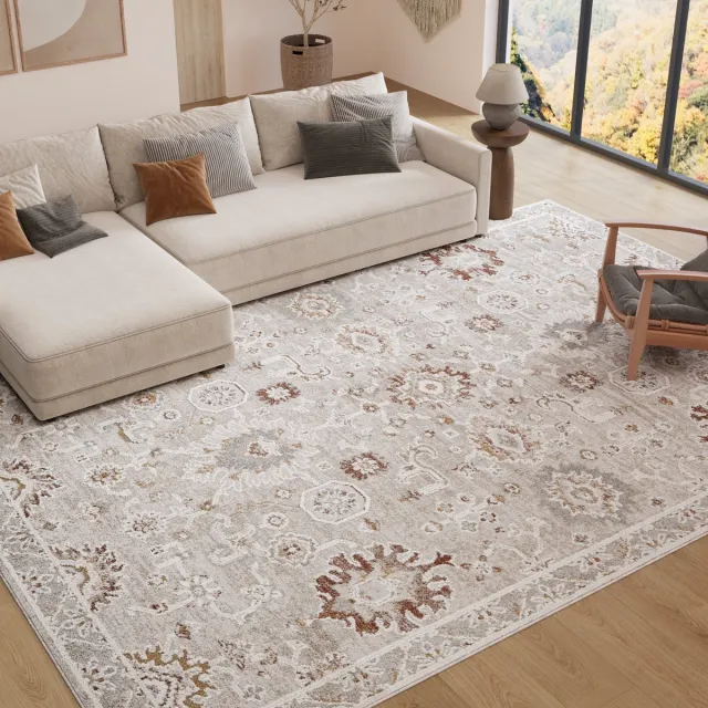 Tapiso Trend Tapijt Kortpolig - Vintage Tapijt Hoge Kwaliteit - Elegant Woonkamer Tapijt in Crème Beige met Bruin Grijs - Bloemenpatroon - Easy Care Tapijt - OEKO-TEX