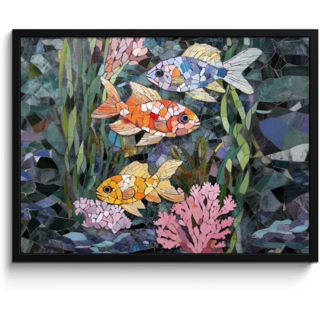 FrameYourWall Poster in lijst - Fotolijst 70x50 cm - Posters - Vissen - Koraal - Zee - Mozaïek - Posterlijst zwart - Decoratie - Wanddecoratie woonkamer - Muurdecoratie slaapkamer Vissen - Koraal - Mozaïek