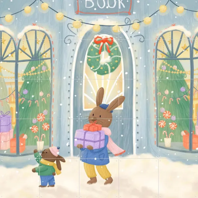 IXXI Christmas Shopping, Studio Phie - 100 x 100 cm - Grote wanddecoratie en posters - Cartoonesk, Speels, Fantasierijk, Illustraties, Babykamer Blauw