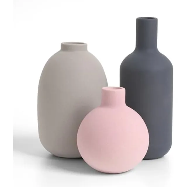 PromoHome Keramische Vazen Set [3 Stuks] - Moderne Decoratieve Vazen voor Huisdecoratie - Neutrale Minimalistische Woonkamer Decor - Rechte, Ovale en Ronde Mat Vazen - Grijze Kleur Grijs
