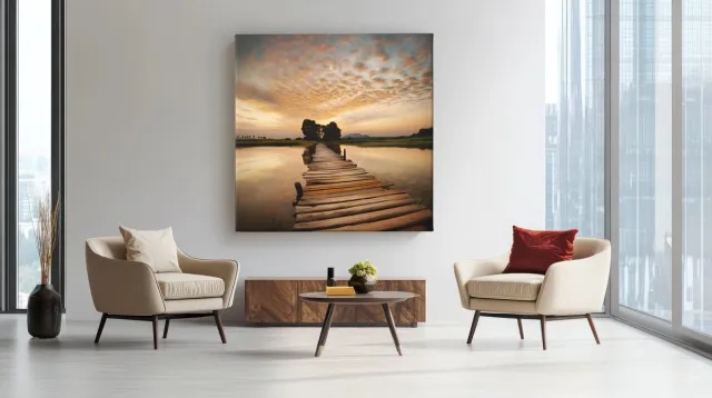 Trendex Global Vierkant Schilderij - Zonsondergang - Foto Print op Canvas - Wanddecoratie - 60x60x2 cm Bruin