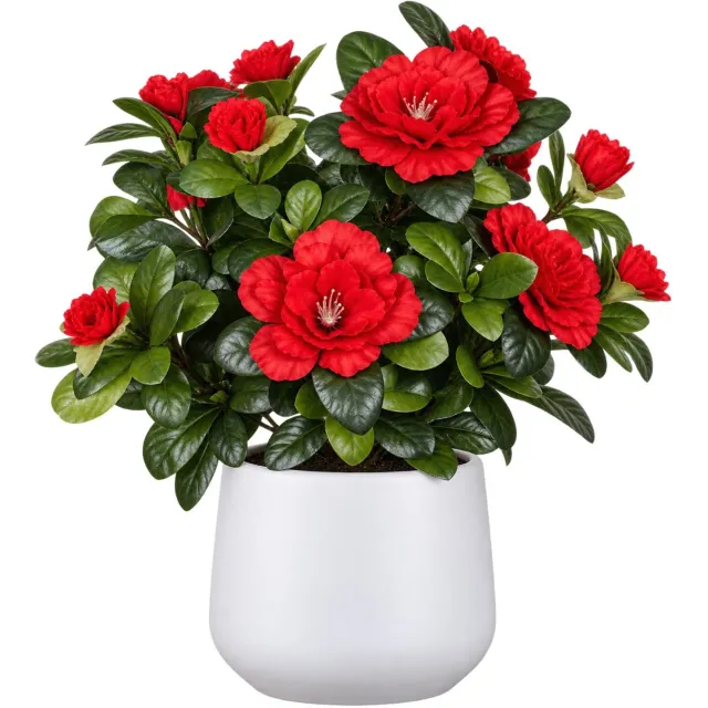 Mica Decorations Kunstplant - Azalea rood - H27 cm - in witte bloempot - keramiek - complete set van pot en plant - decoratie stuk
