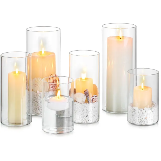 Famanu Set van 6 glazen kaarsenhouders, verdikte grote houders voor stompkaarsen en drijvende bloemen, ideaal voor woondecoratie en tafeldecoratie Transparant