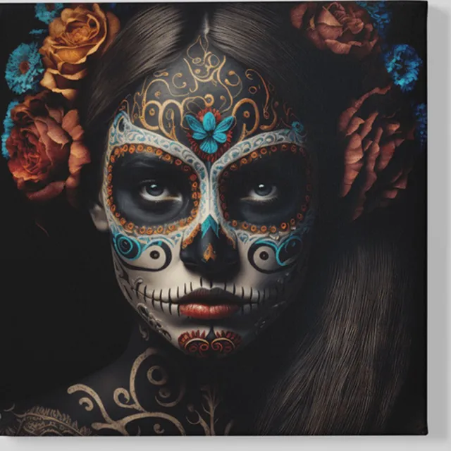 Trendex Global Vierkant Canvas Schilderij - Dia de Los Muertos - 60x60x2 cm Kleurrijk