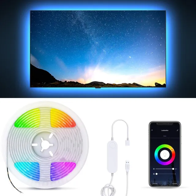 B.K.Licht LED Strip smart - 2 meter - voor TV en PC - WiFi - App controle - USB - zwart - siliconencoating - zelfklevend wit