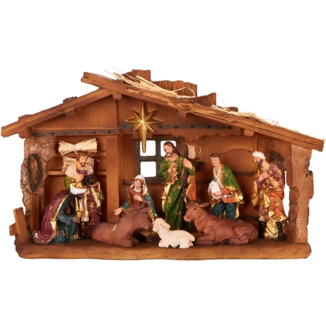 Brubaker Kerststal - 40 cm tafelkribbe kerstfiguur met handbeschilderde figuren Jezus, Maria, Jozef en de koningen in de kerststal onder de ster - kerststalfiguur tafeldecoratie van polyhars