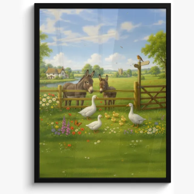 FrameYourWall Poster in lijst - Fotolijst 60x80 cm - Posters - Ezels - Ganzen - Kleurrijk - Posterlijst zwart - Decoratie - Wanddecoratie woonkamer - Muurdecoratie slaapkamer