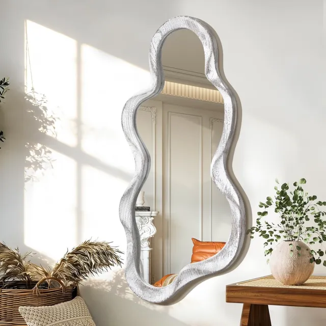 Famanu Onregelmatige houten frame spiegel, asymmetrische wandspiegel voor muurdecoratie in moderne stijl Wit